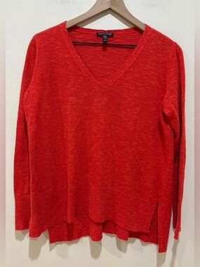Eileen Fisher Red Linen V-Neck Long Sleeve Lightweight Sweater - Women’s Size XS